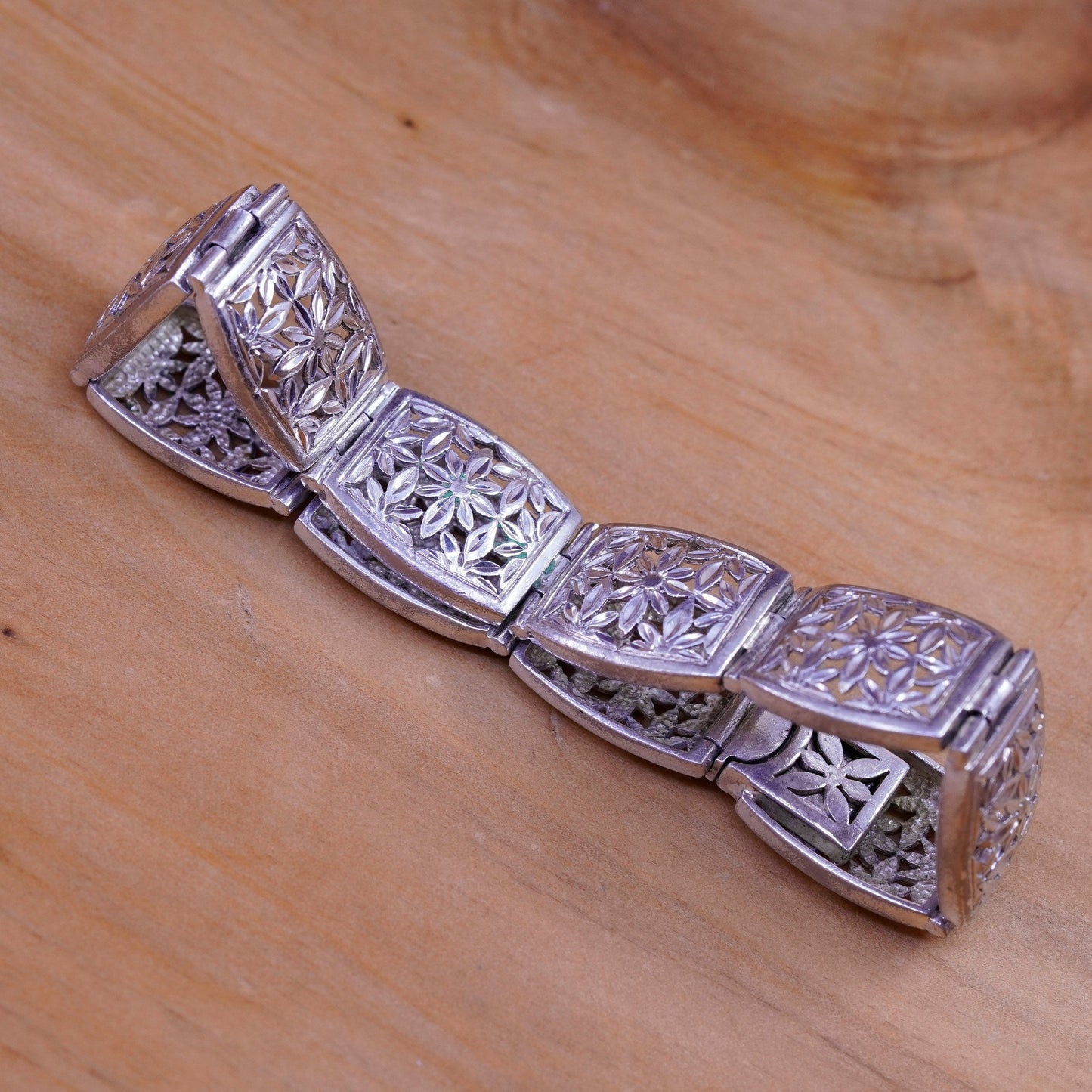 7.25”, vintage Sterling silver handmade bracelet, 925 filigree leafy links