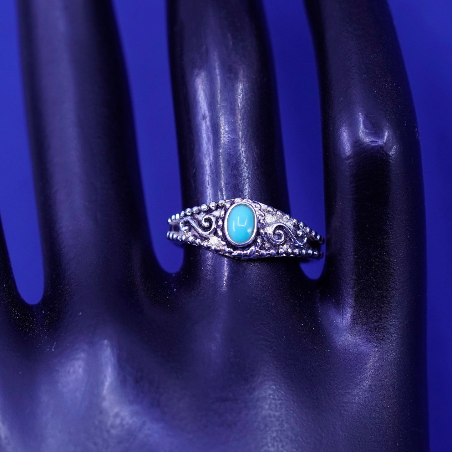 Size 8, vintage sterling silver handmade ring, 925 filigree band with blue onyx