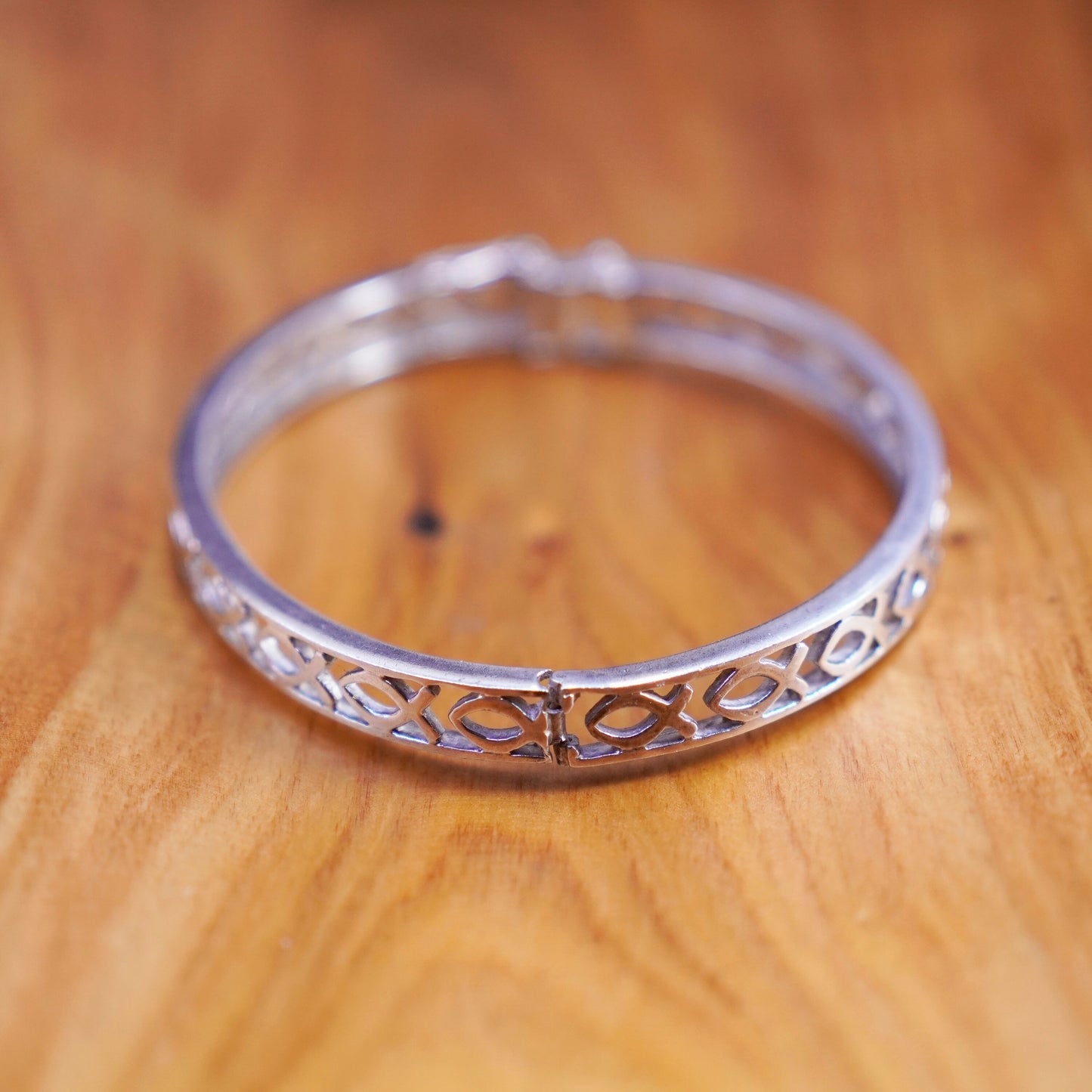 7.5”, antique sterling silver handmade bracelet, 925 hinged bangle with fish