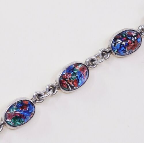 8”, Vtg Sterling Silver Handmade Bracelet, 925 Link W/ Colorful Foiled Glass