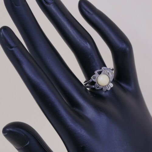 Sz 7.25, Vtg Sterling Silver Handmade Ring, 925 Silver W/ Faux pearl N Marcasite