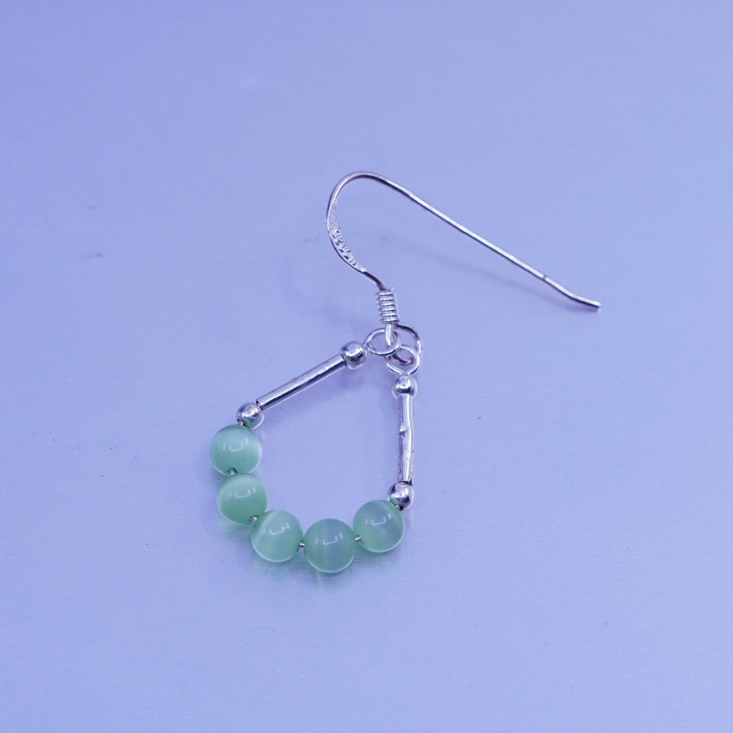 Vintage Sterling 925 silver teardrop earrings with green cats eye beads