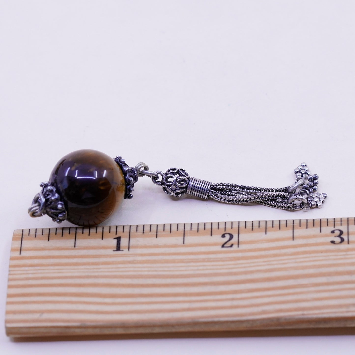 sterling silver charm with golden tiger eye and fringe, 925 handmade pendant