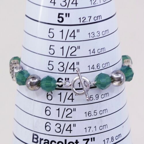 6”, Vtg Sterling Silver Handmade Bracelet, 925 Silver Toggle W/ Green Beads