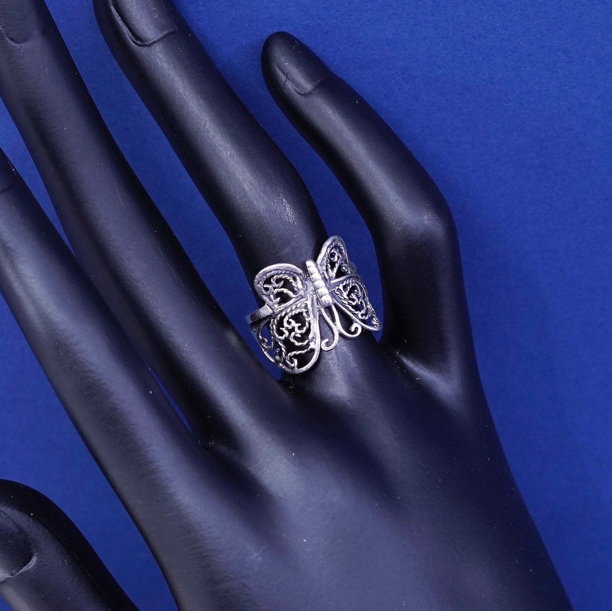 Size 5.75, vtg sterling silver handmade ring, 925 filigree butterfly band