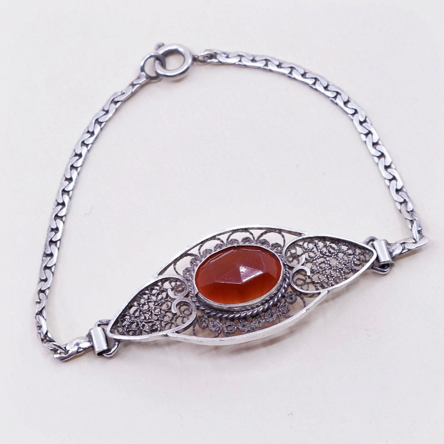 7”, Vintage Sterling silver handmade bracelet, 925 filigree with carnelian