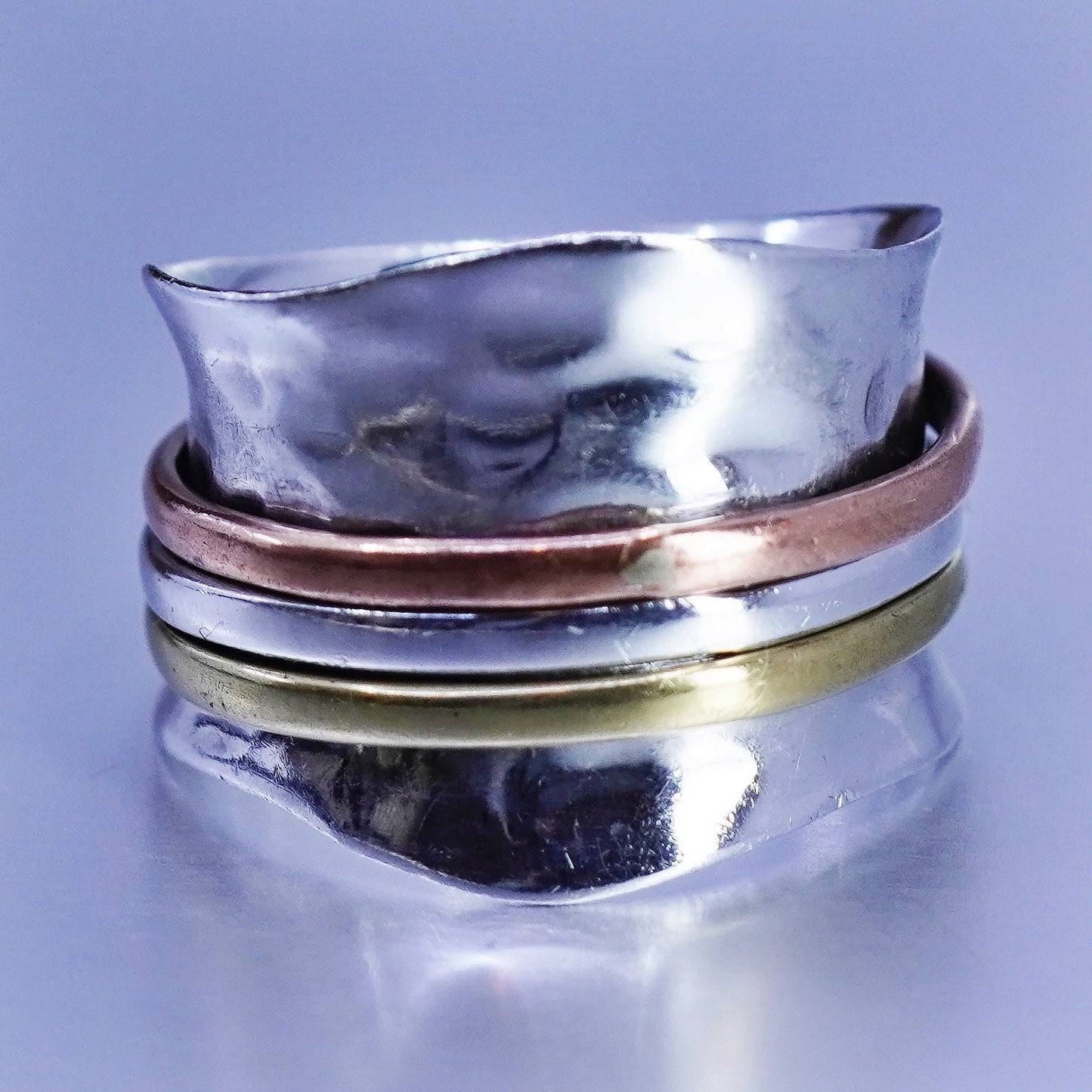 sz 7.25, triple tone southwest Sterling 925 silver handmade ring spinner band
