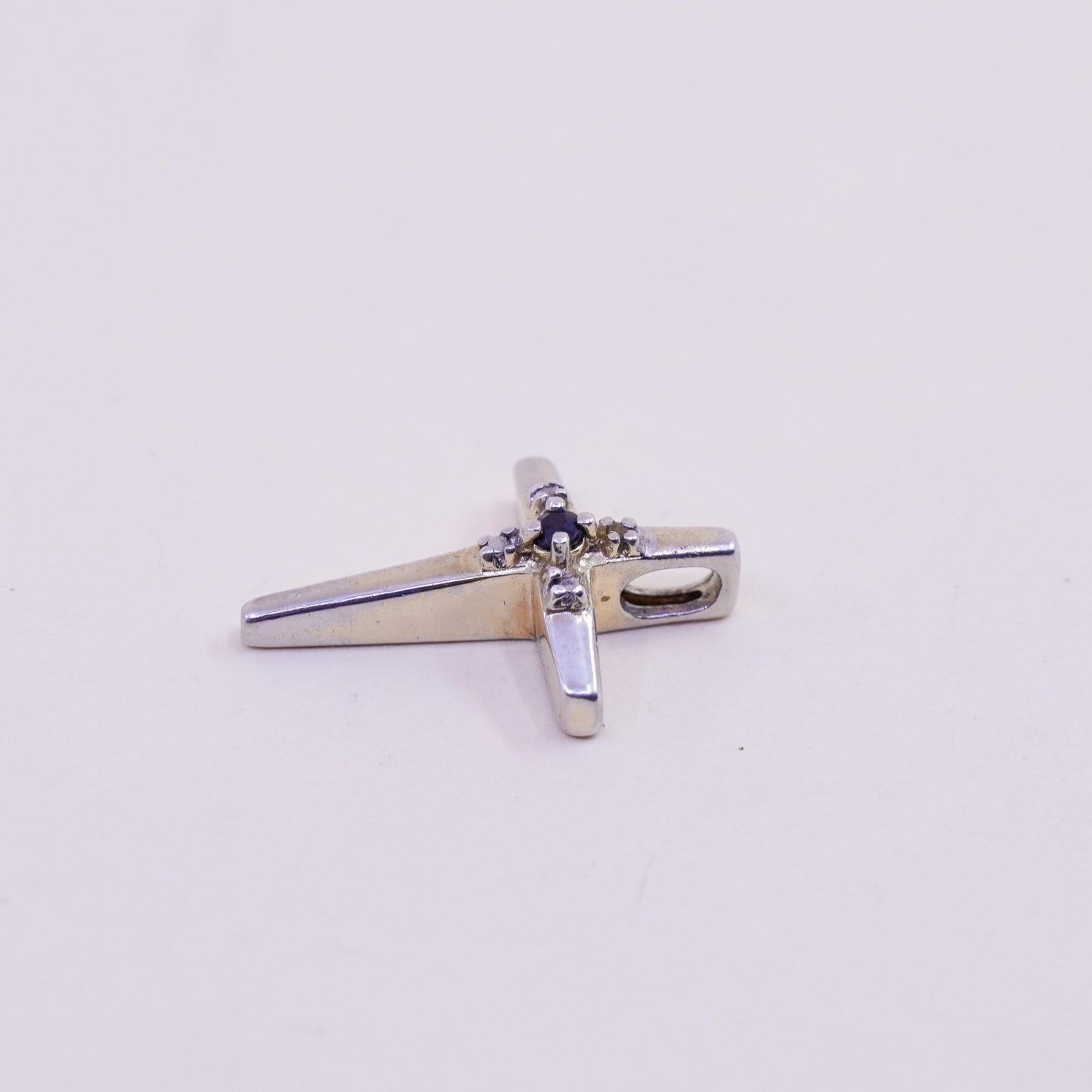 Vintage sterling 925 silver pendant, cross with genuine diamond and sapphire