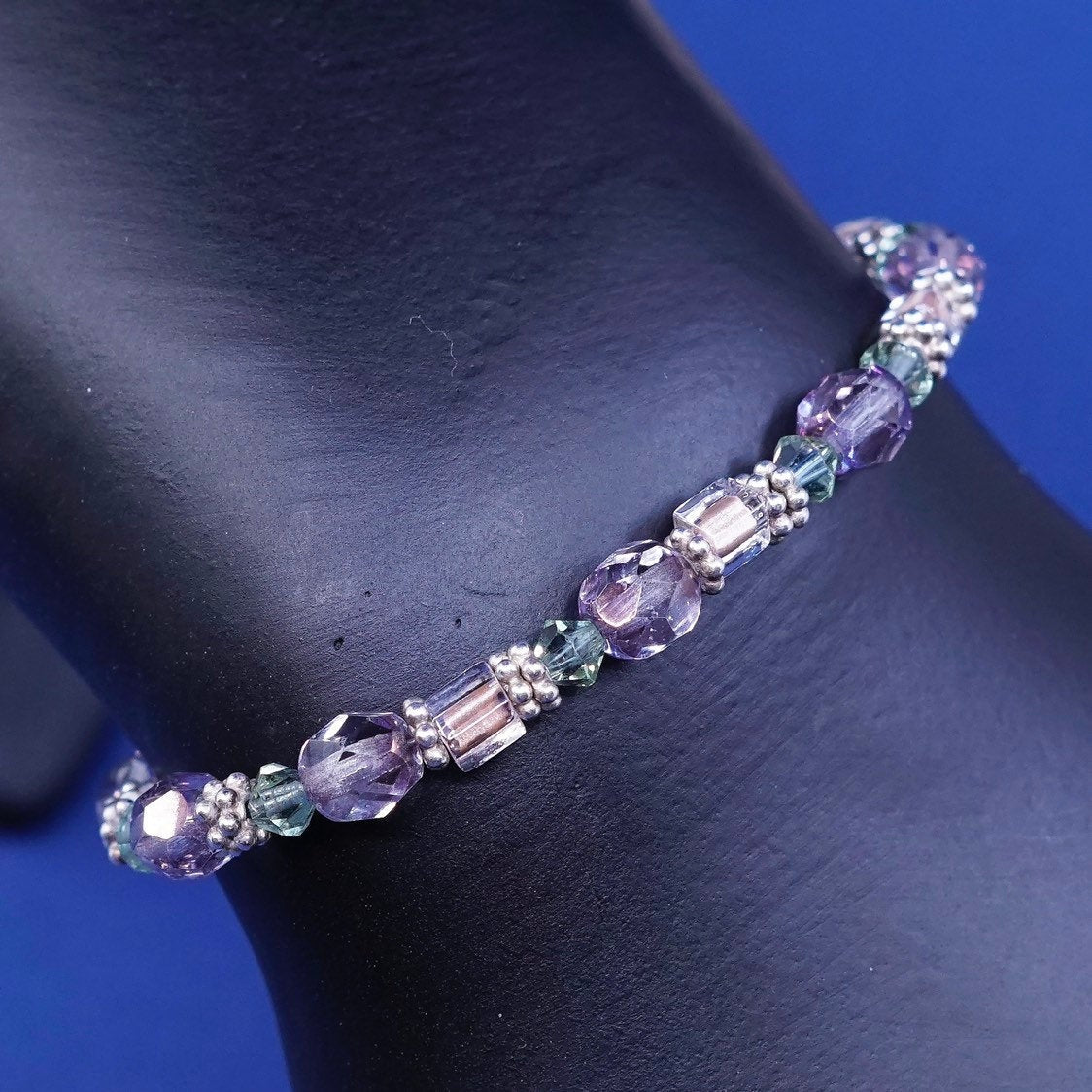6.25”, vtg sterling silver handmade bracelet, 925 w/ purple crystal beads