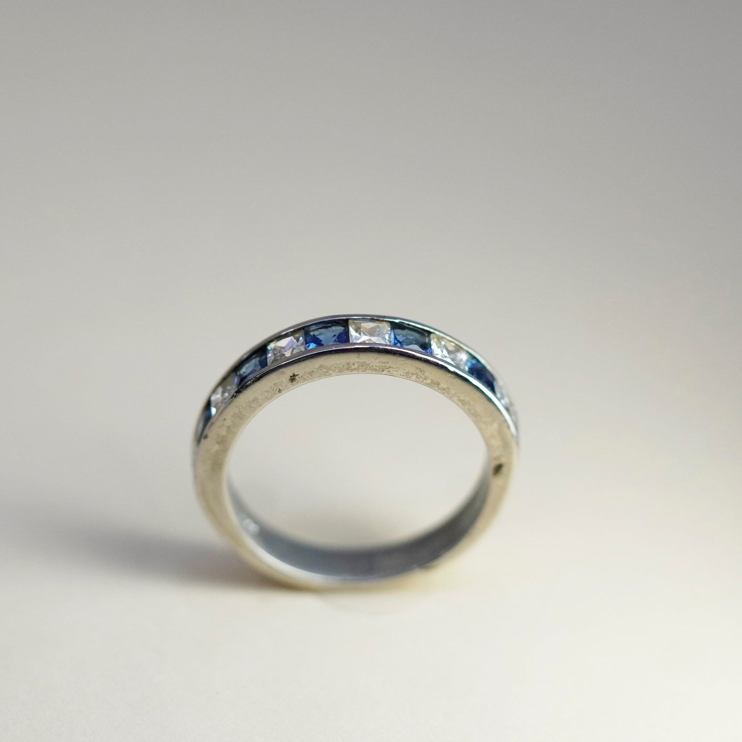 Size 9, Sterling 925 silver stackable ring, wedding band with blue and clear CZ