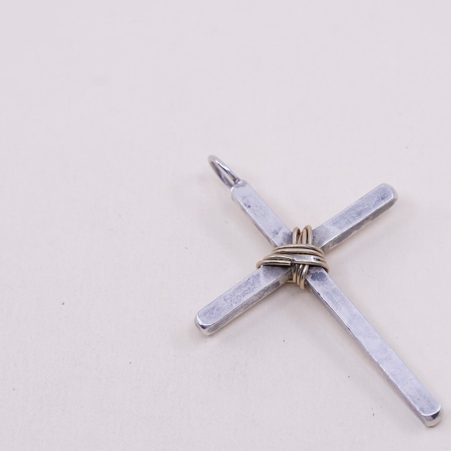 Vintage handmade Sterling silver pendant, 925 cross with brass wired