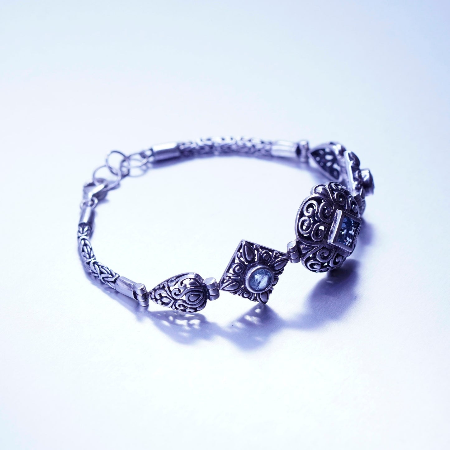7.25”, Vintage NF Sterling 925 silver handmade bracelet, Bali chain with topaz
