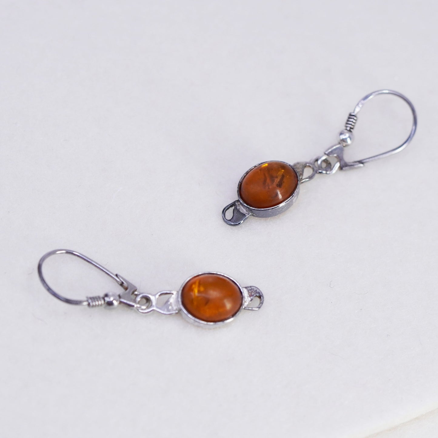 Vintage Sterling 925 silver handmade earrings with oval Amber