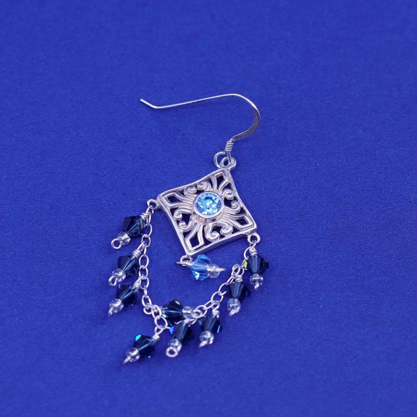 Sterling silver handmade earrings, 925 filigree diamond disk cluster crystal