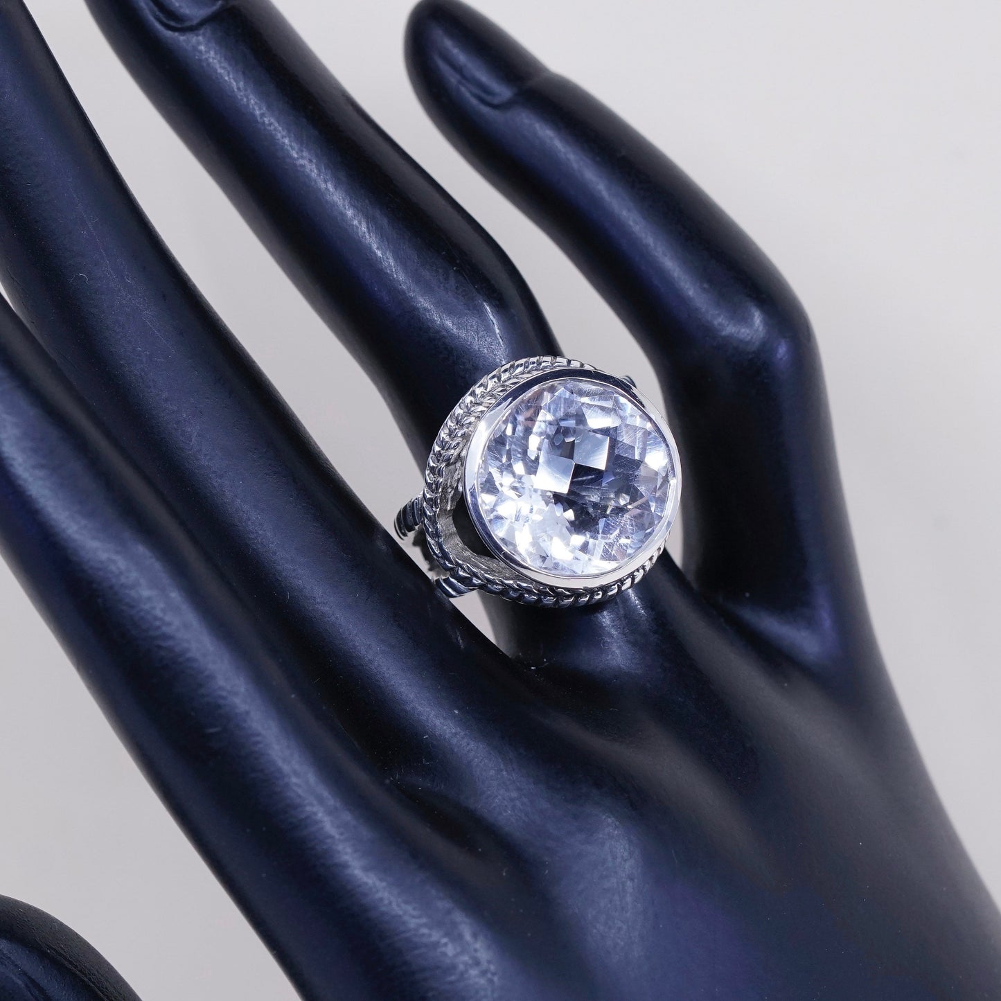 sz 6, vtg Sterling 925 silver handmade cocktail ring w/ crystal