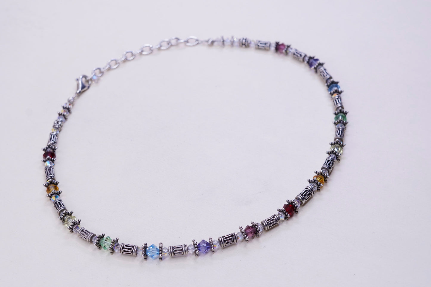 16+2”, sterling silver handmade beads necklace, 925 beads with crystal beads