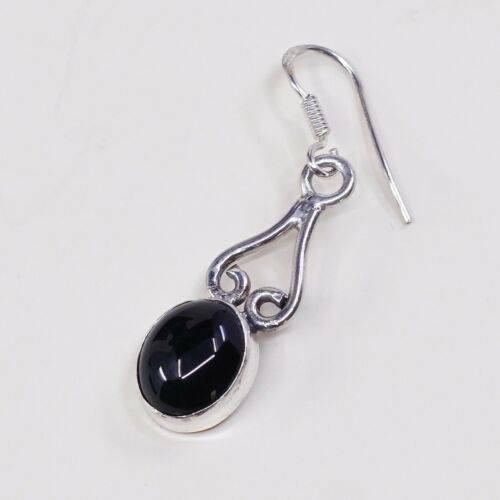 Vtg Sterling Silver Handmade Earrings, 925 Silver W/ Obsidian Inlay, Stamped 925