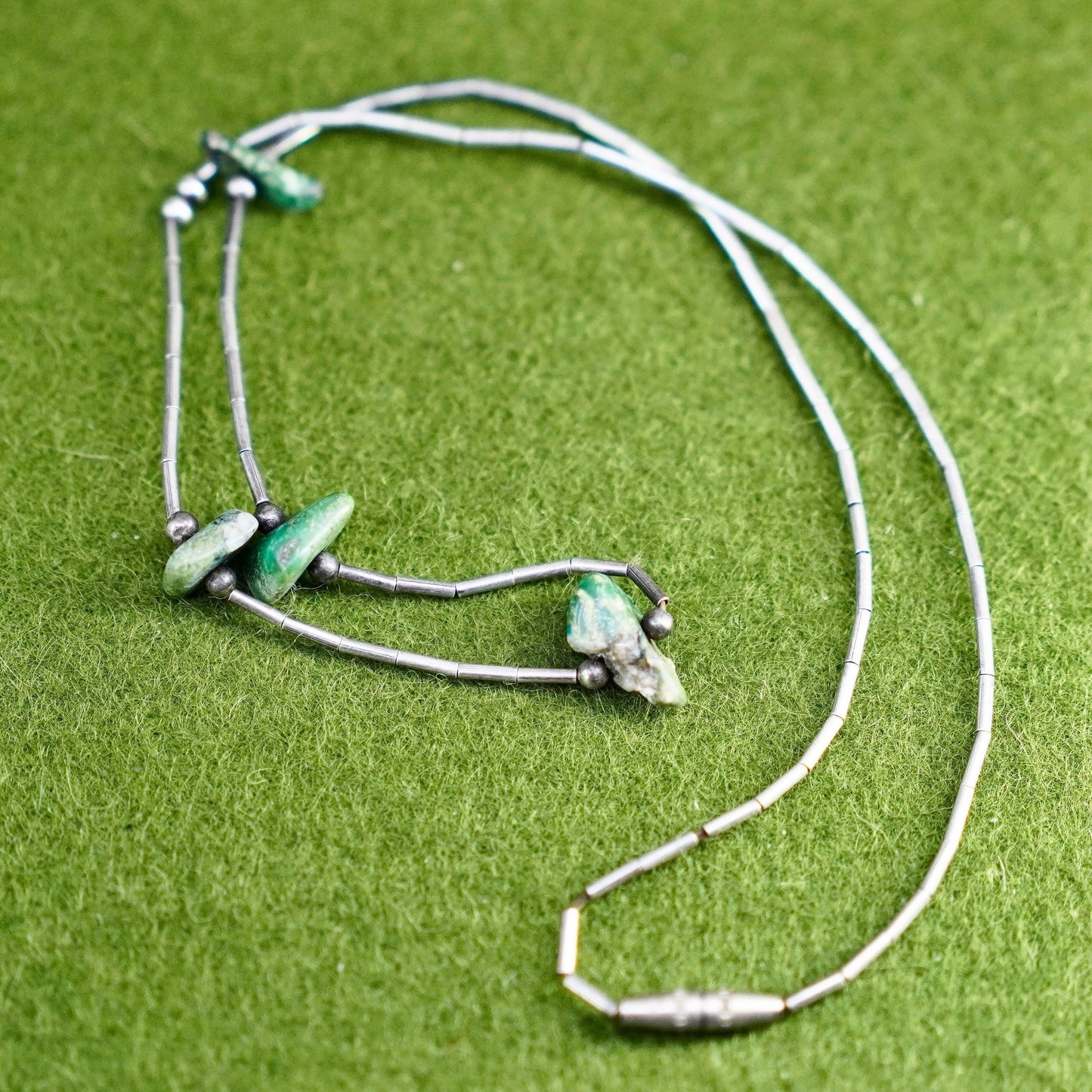 16”, Native American Navajo Sterling necklace 925 liquid silver chain turquoise