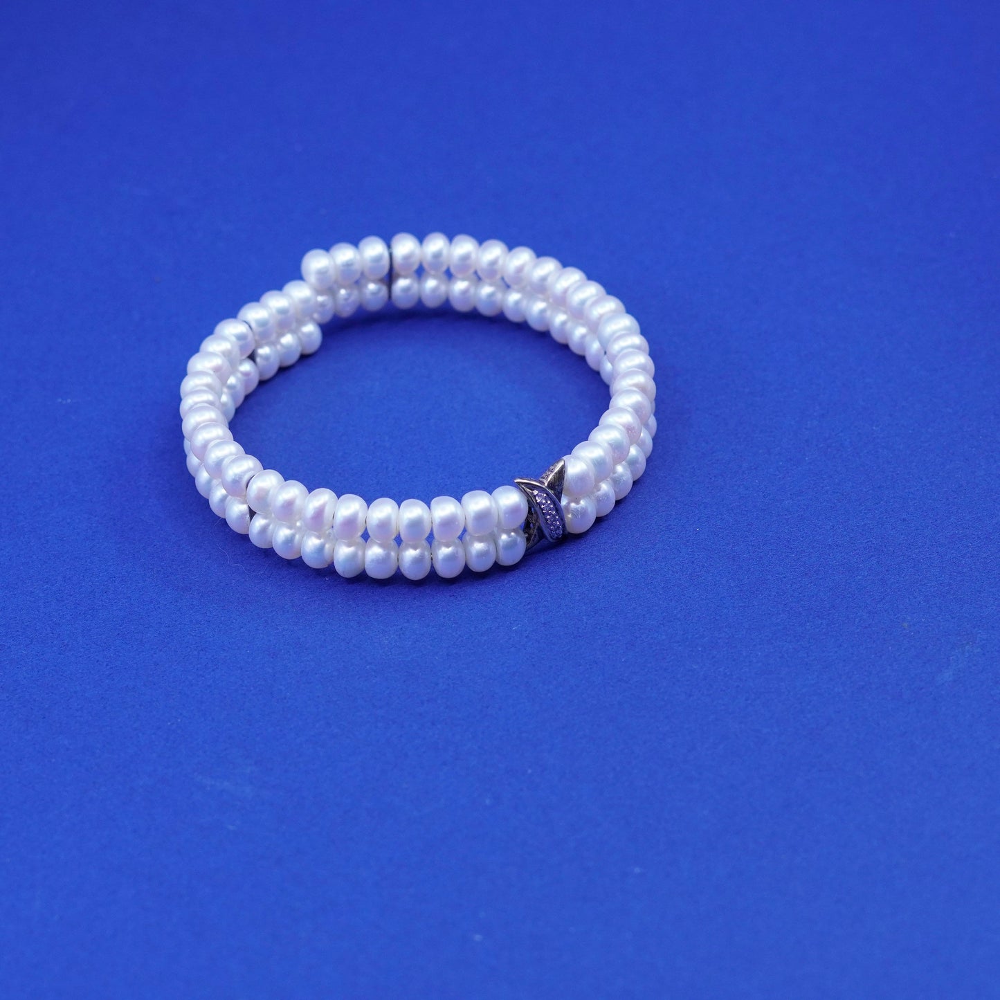 5.75”, vintage sterling silver handmade bracelet, 925 double pearl bangle