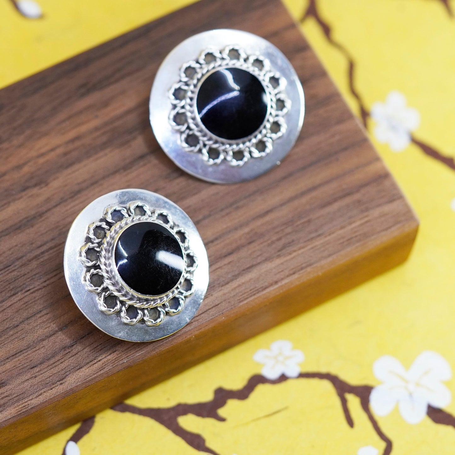 Mexico Sterling silver earrings, huge 925 studs with round obsidian and cable