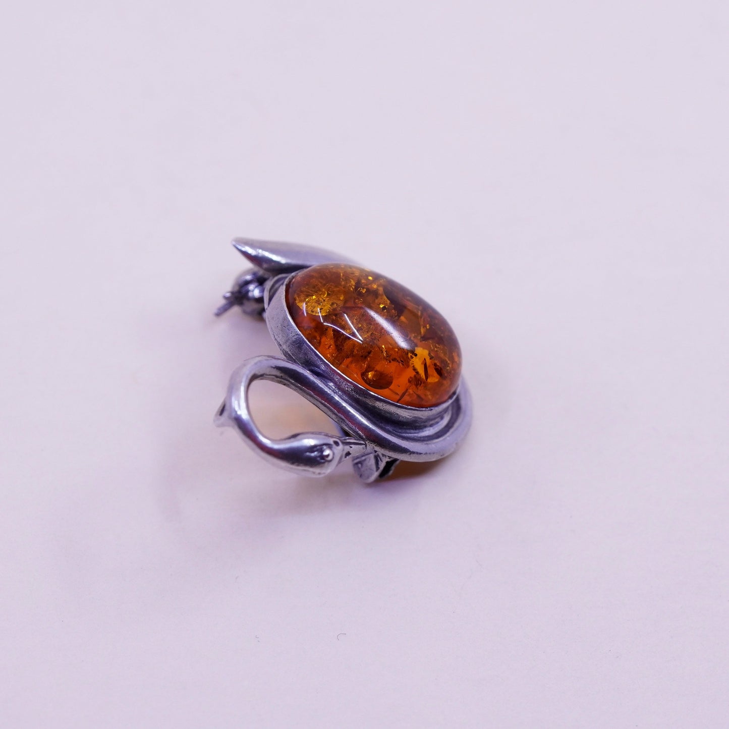 Vintage sterling silver handmade brooch, 925 swan bird amber pin pendant
