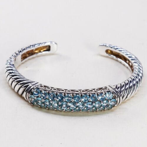 6.25”, Vintage Sterling Silver cuff, 925 Cable Bracelet W/ Blue Cz, stamped 925