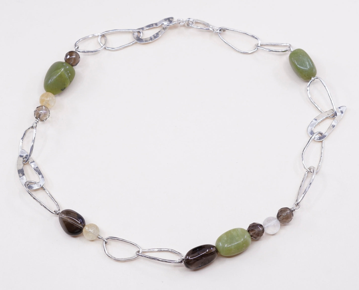 17”, vtg Sterling silver handmade necklace, 925 link chain w/ jade N topaz