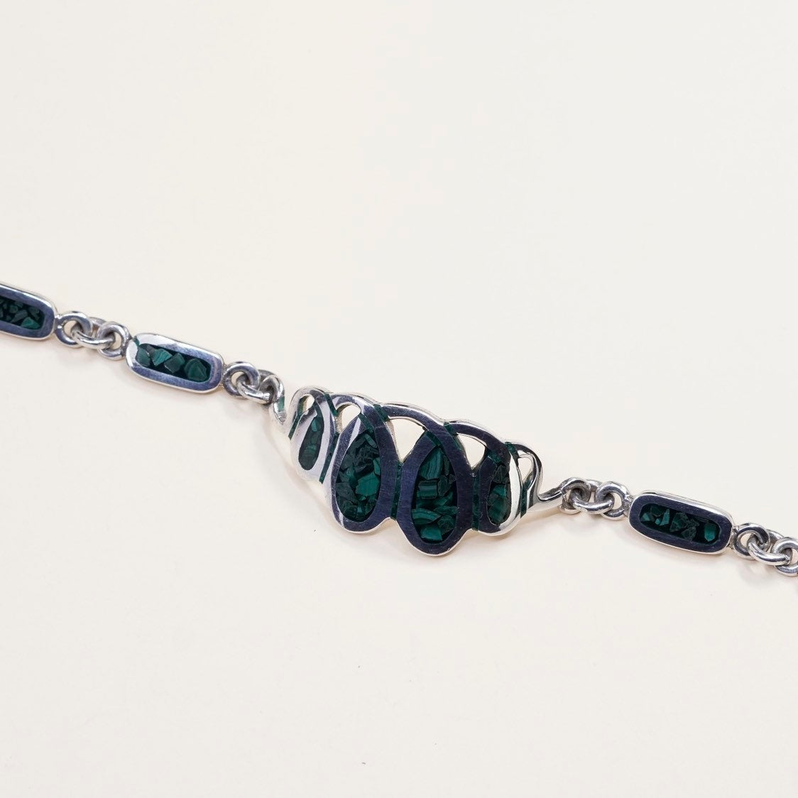 7.5", VTG mexico Sterling silver Handmade bracelet, Mexico 925 w/ malachite