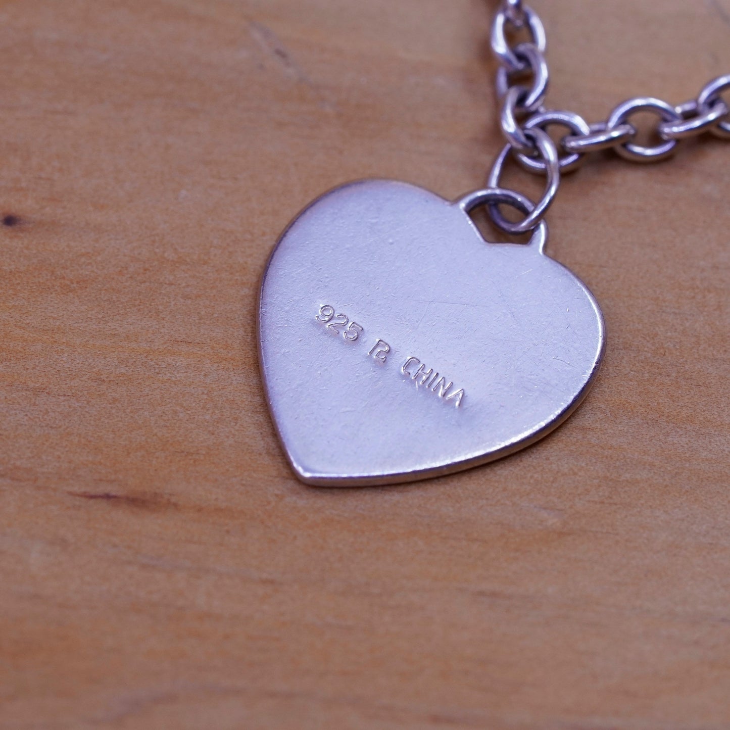 7.25”, vtg Sterling silver handmade bracelet, 925 circle chain heart tag charm
