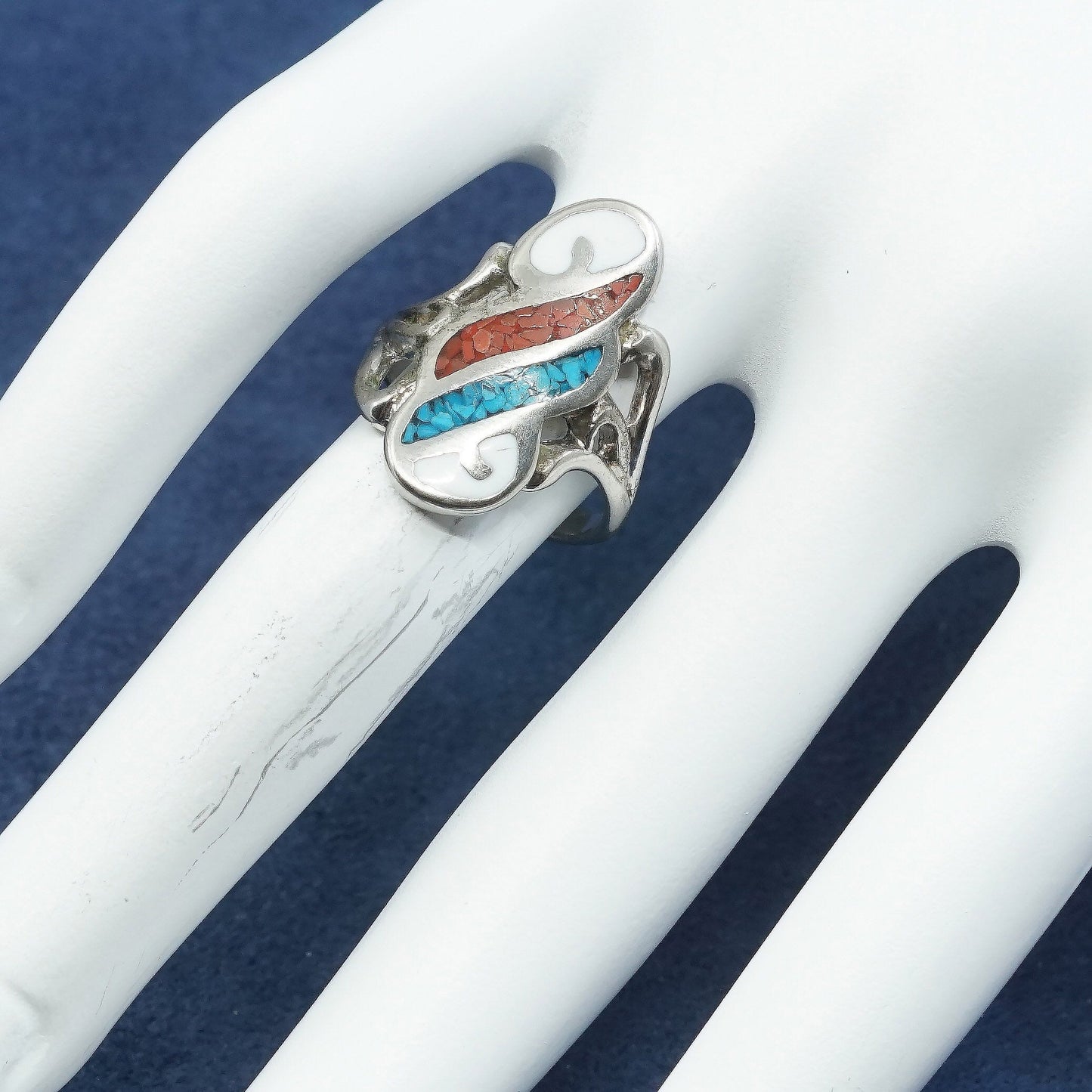 sz 5.25, Native American sterling 925 silver handmade ring w/ turquoise coral