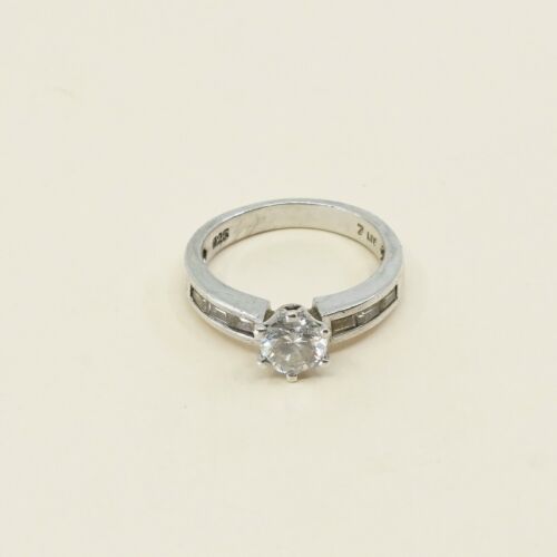 Sz 7.5, Vtg Sterling Silver Ring, 925 Silver Engagement Ring W/ Crystal