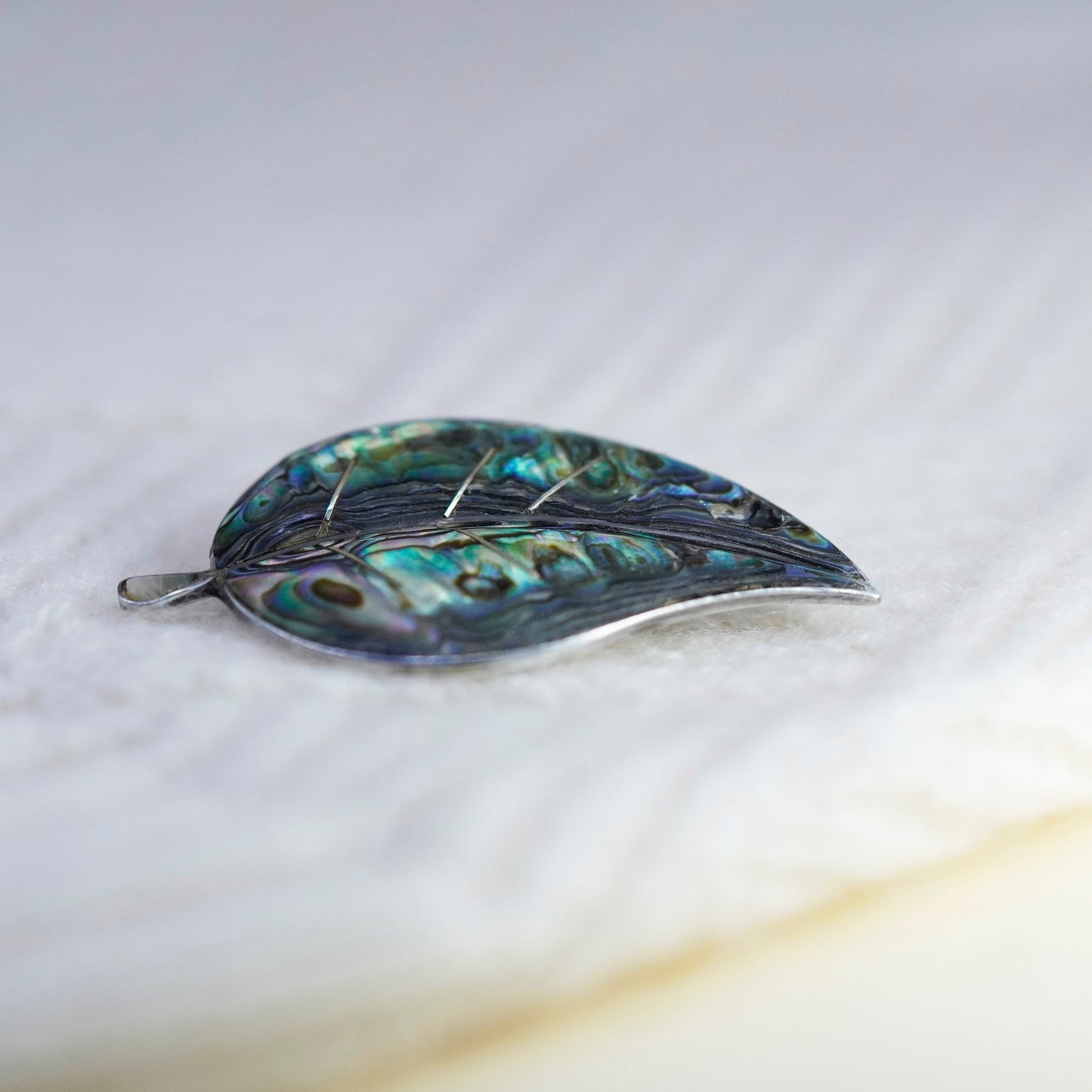 Antique Sterling silver handmade brooch, 925 leaf pin with abalone inlay