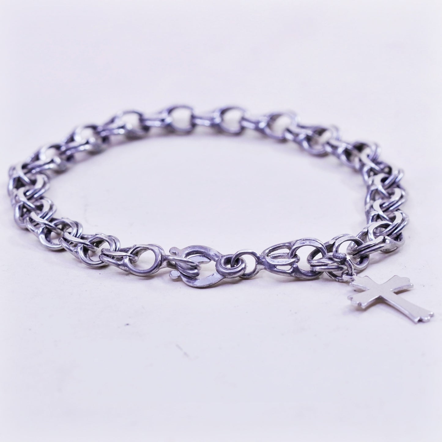 7.25”, 8mm, Vintage sterling silver double curb chain, 925 bracelet cross charm