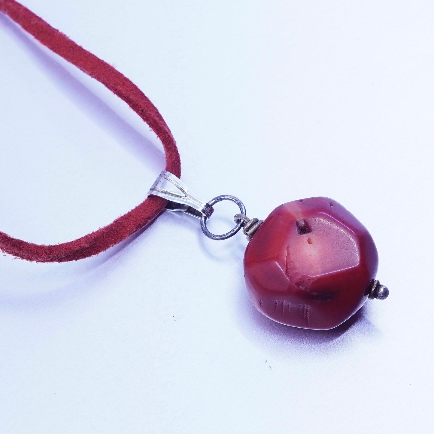 17”, Native American 925 Sterling Silver leather Necklace coral nugget pendant