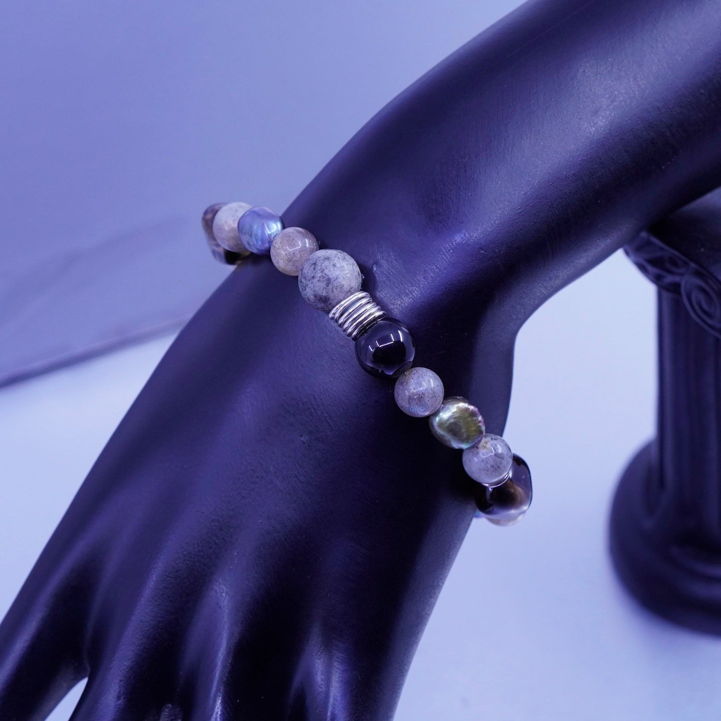 7”, QG Sterling 925 silver bracelet freshwater pearl, smoky topaz, labradorite
