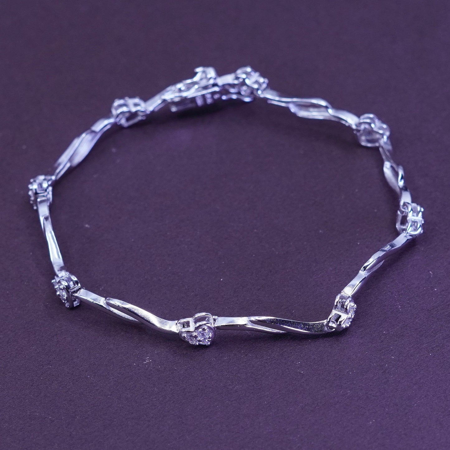 7”, Sterling silver handmade tennis bracelet, 925 wave with heart and crystal