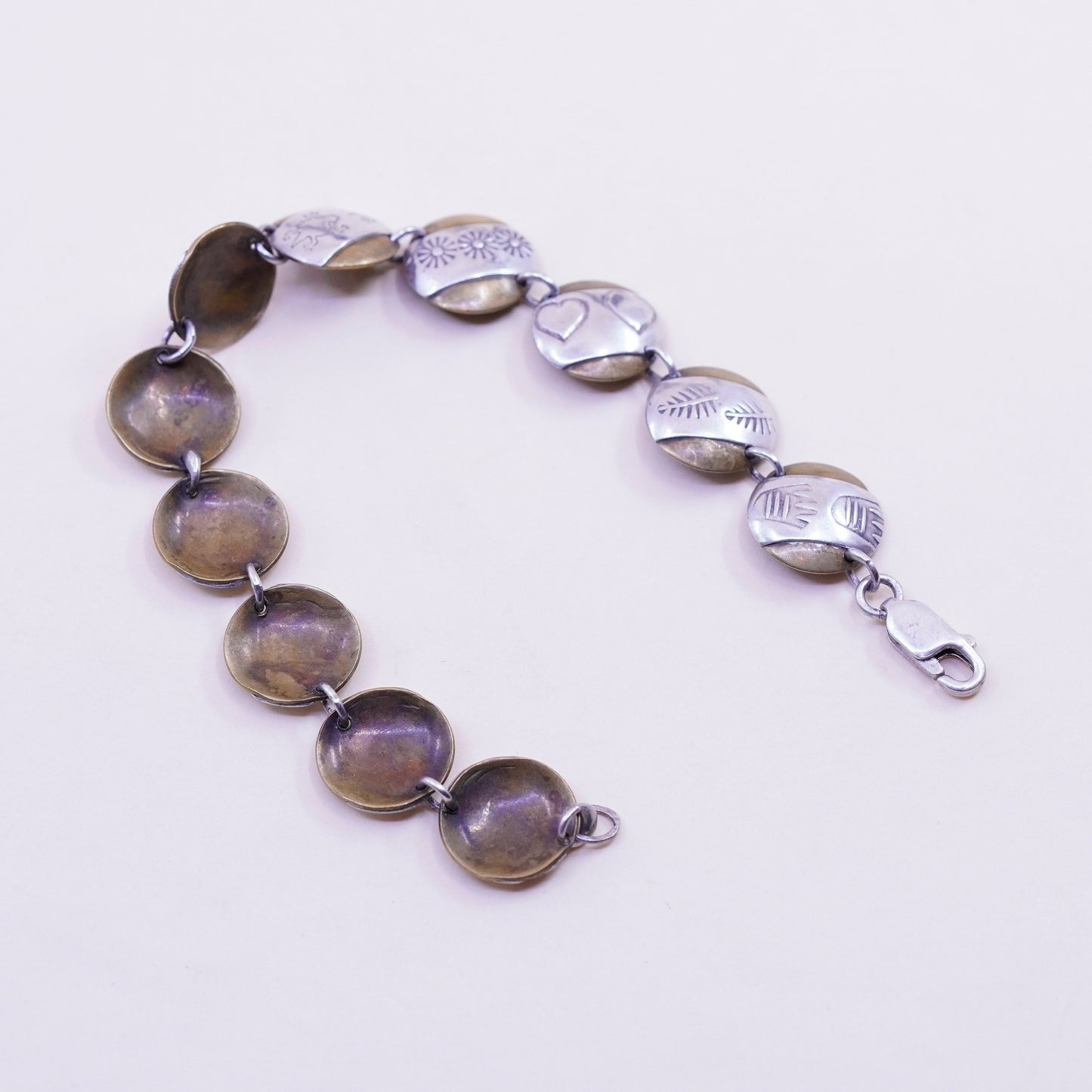 6.5”, Native American sterling 925 silver handmade circle disc charm bracelet
