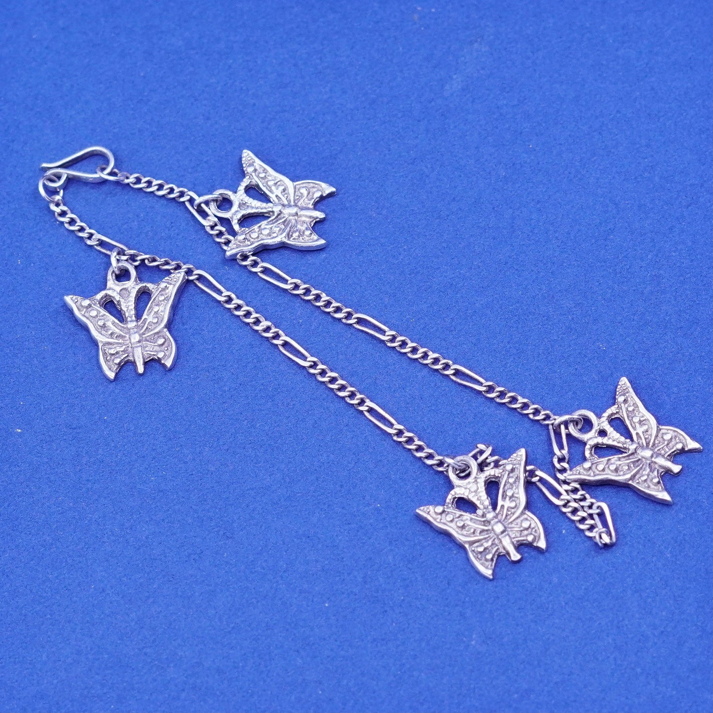 6.5”, vintage Sterling 925 silver figaro bracelet, chain with butterfly charms