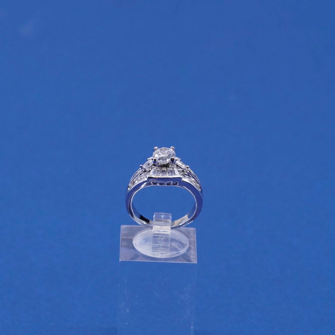 sz 7.25, vtg Sterling silver ring, 925 w/ cluster crystal, engagement ring