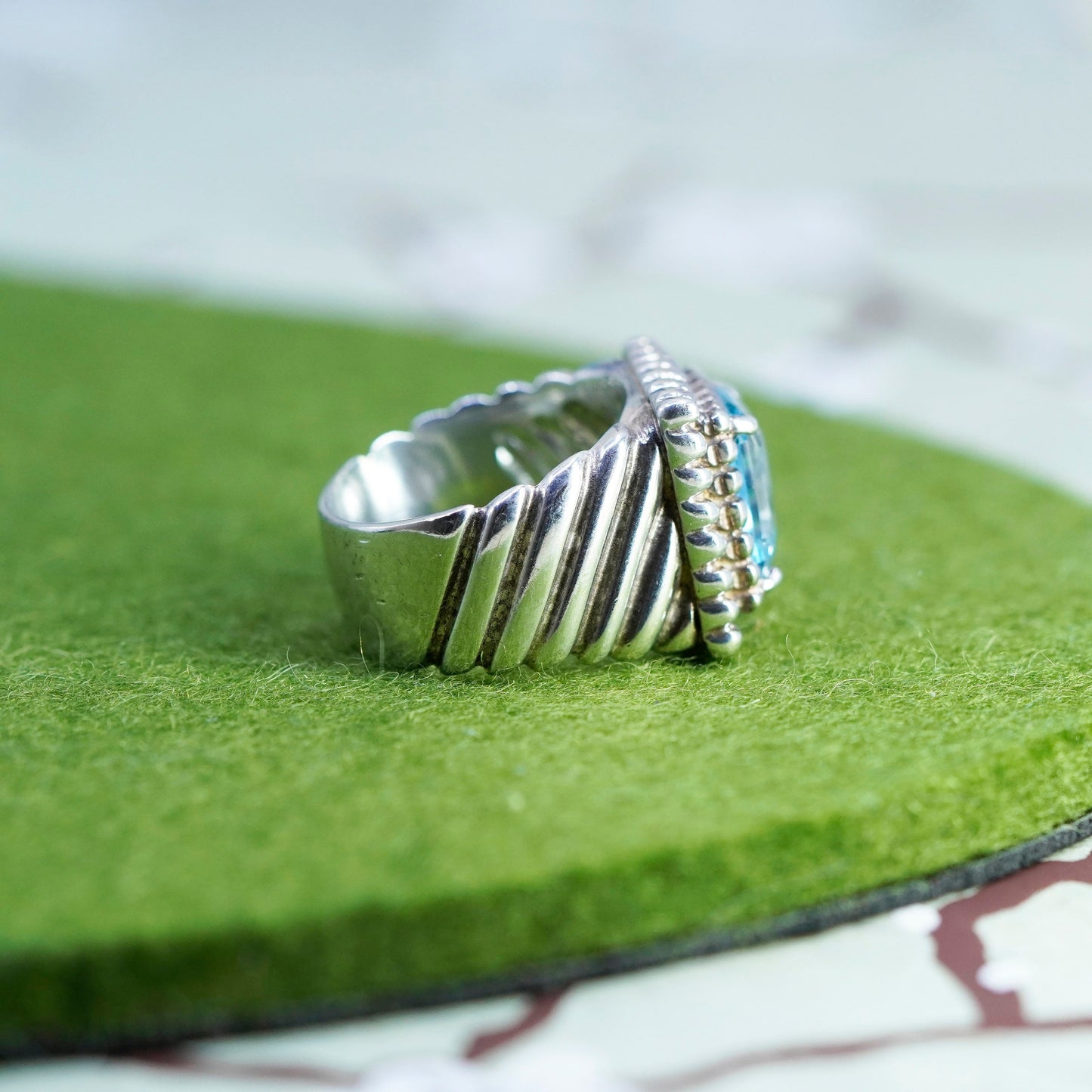 Size 6.5, Sterling silver statement ring, 925 ribbed band w/ square blue topaz
