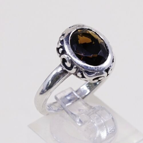 Sz 7.5, Vintage barse Handmade Sterling 925 Silver w/ Smoky Ceystal W/ Swirly