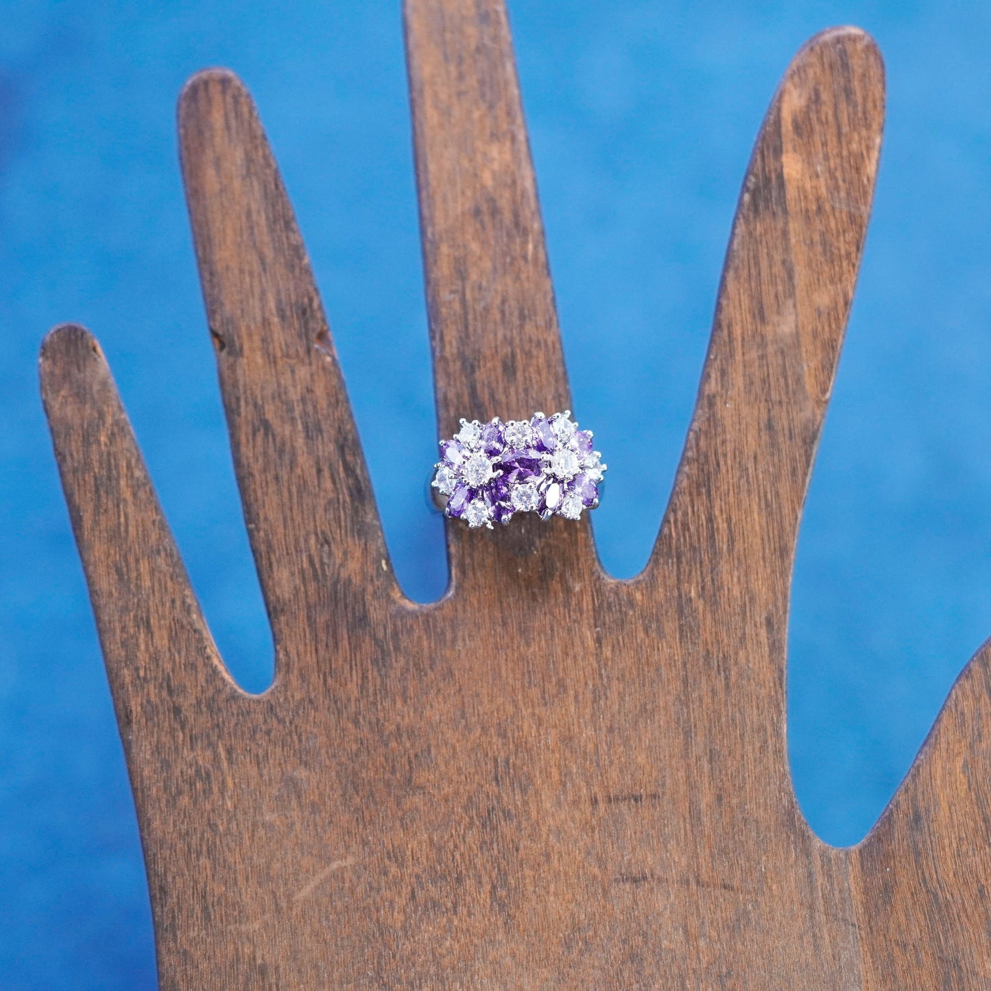 Size 6.5, vintage Sterling silver handmade ring, 925 flower with amethyst cz