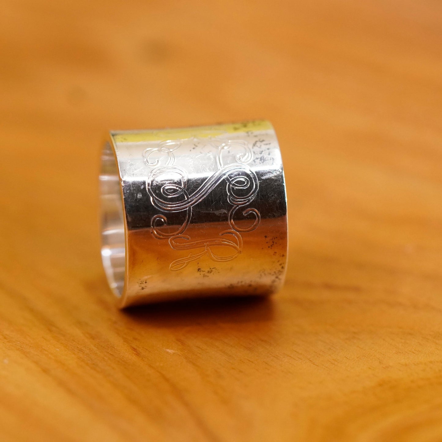 Size 5.25, Mexico Sterling 925 silver ring, wide monogram band engraved “KSR”