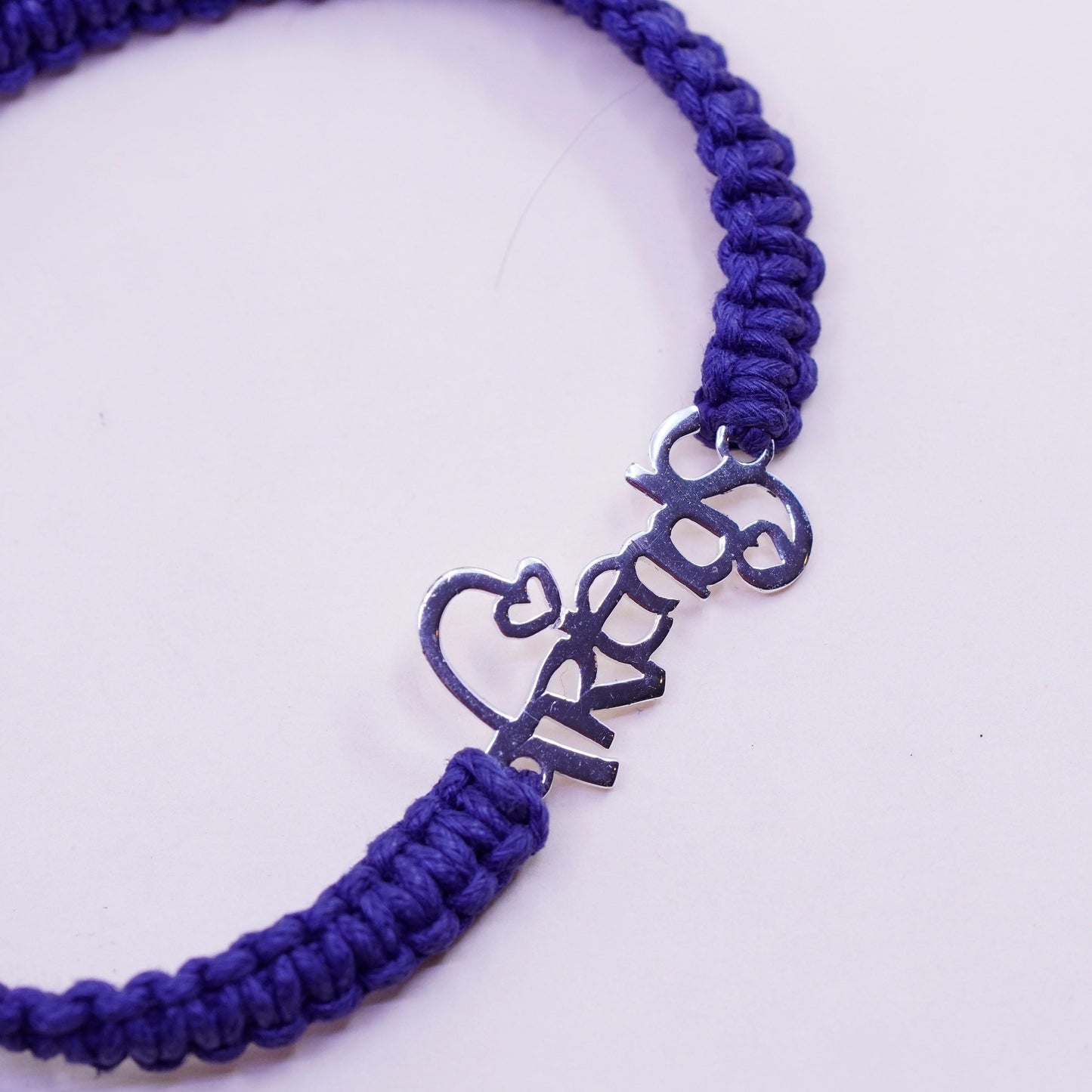 Size adjustable, Sterling 925 silver bracelet blue linen thread “friends” charm
