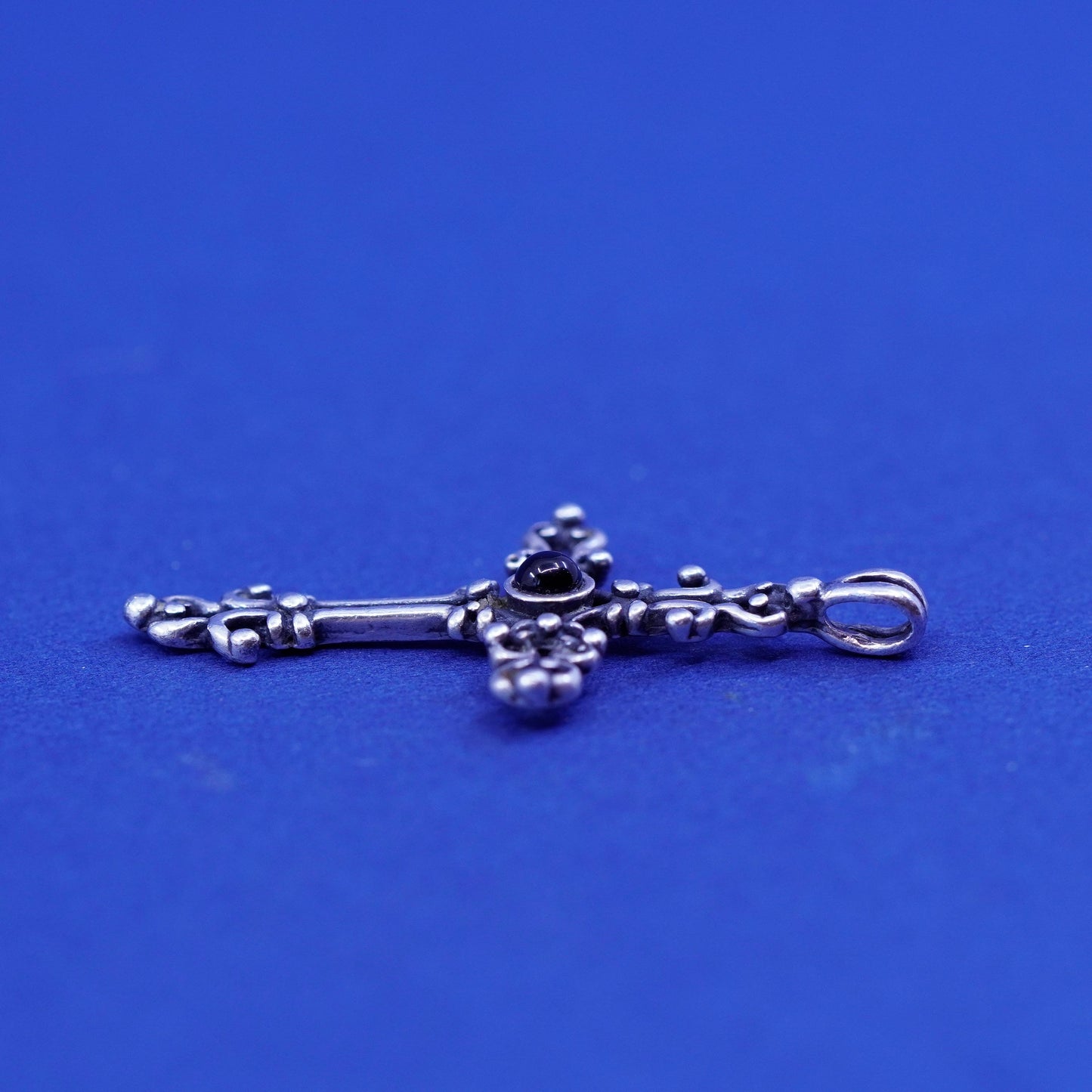 Vintage Sterling silver handmade pendant, 925 bali cross with obsidian
