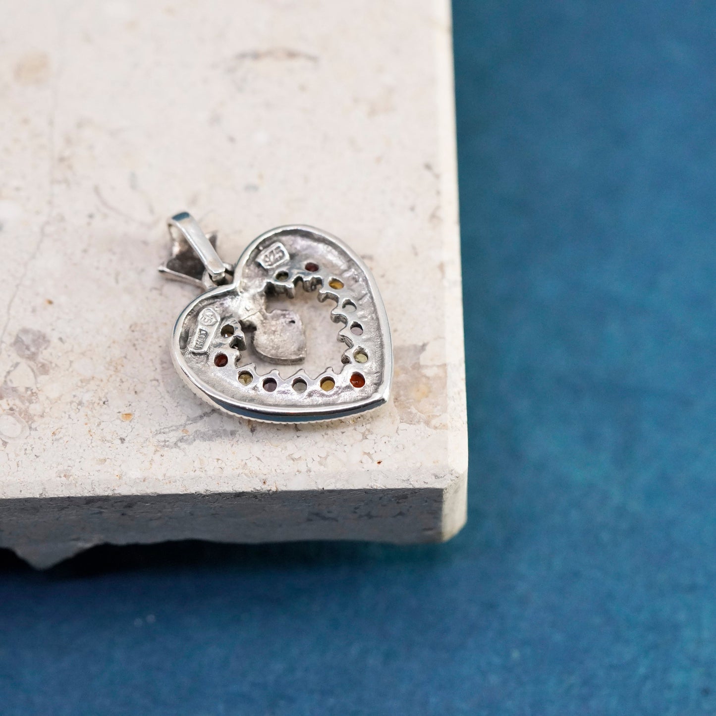 Sterling silver handmade pendant, 925 heart marcasite citrine peridot amethyst