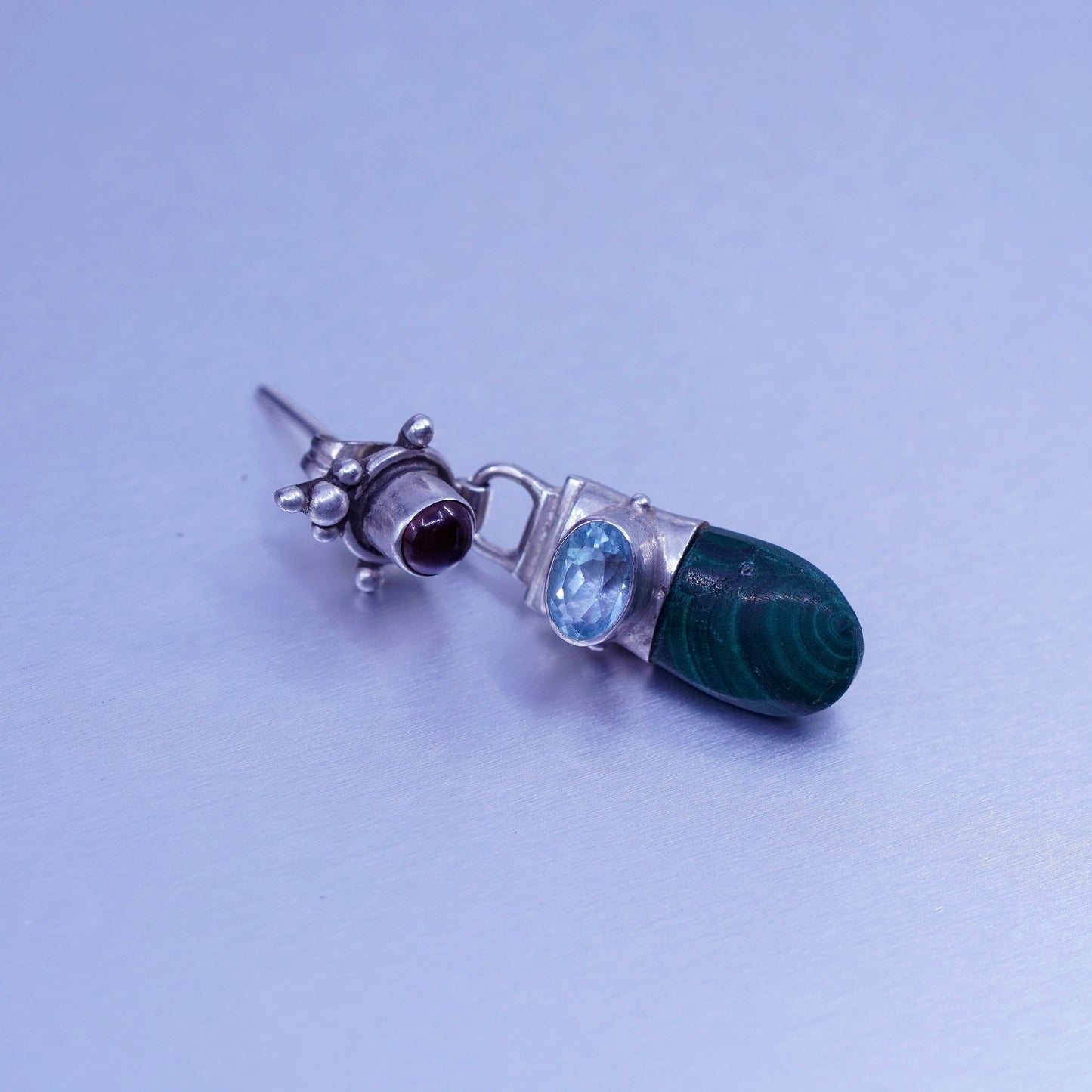 Vintage Sterling 925 silver handmade earrings with malachite topaz and garnet