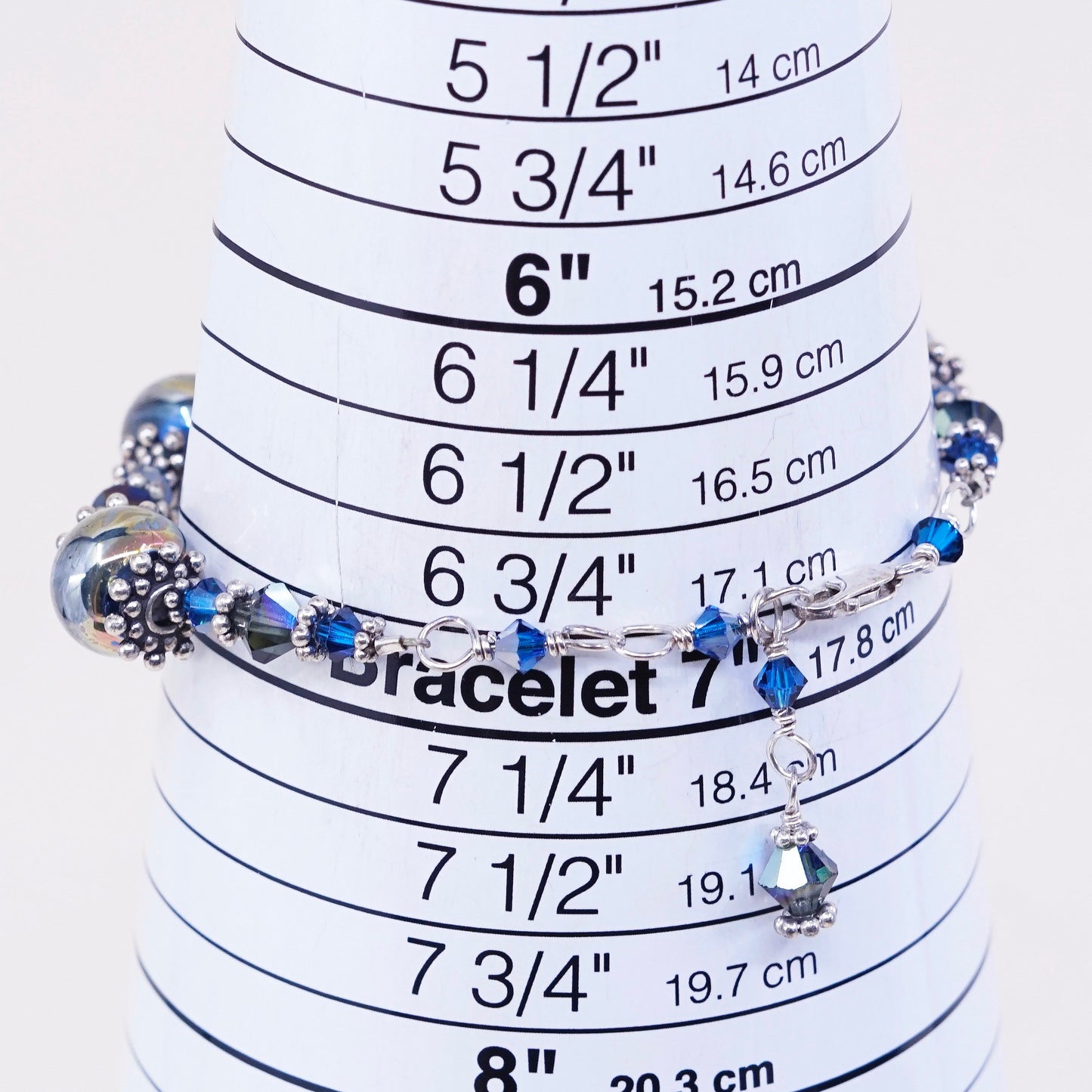 6.5+1”, vtg Sterling silver handmade bracelet, 925 beads w/ blue crystal beads