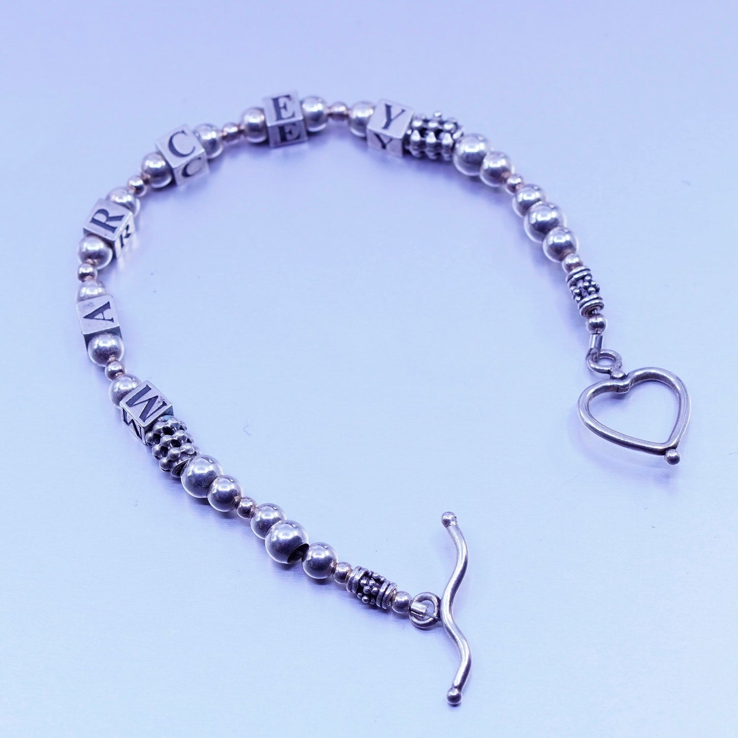 7”, vintage Sterling 925 silver bracelet with cube letter beads “Marcey”