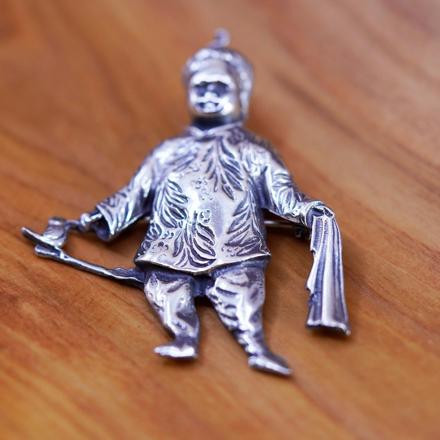 Brookraft Sterling Silver Figural Brooch, Chinese Man in Costume Holding Scarf